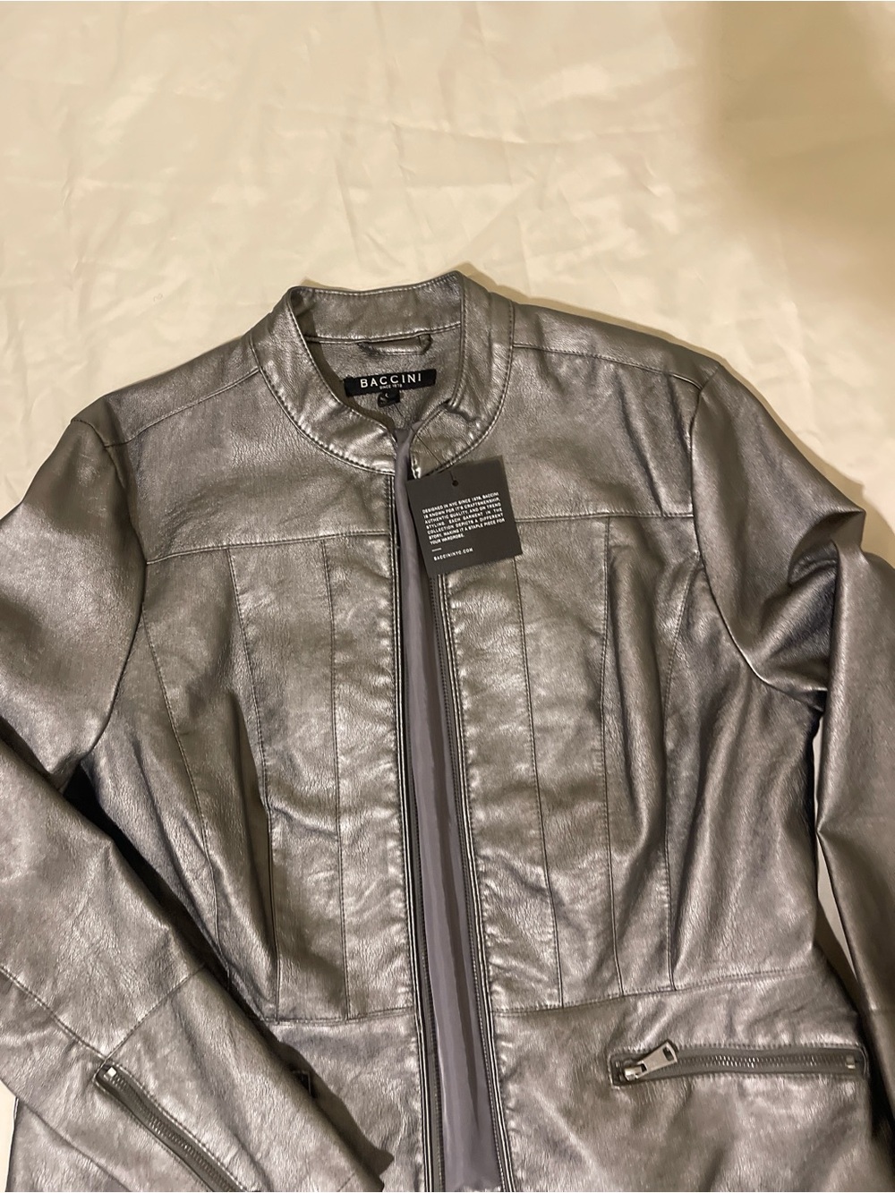 Baccini Silver Faux Leather Moto Jacket